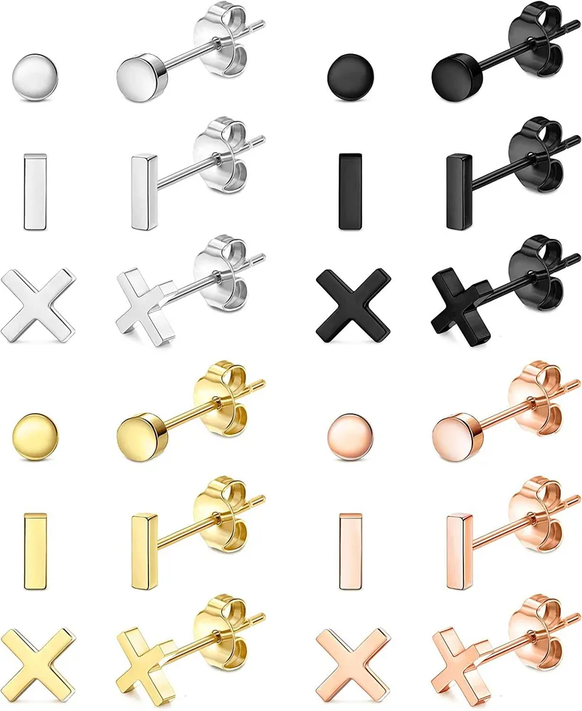 12 Pairs 20G Stainless Stud Earrings for Men Women Multicolor Round Cross Bar Earrings Set Cartilage Piercing Earrings - Grocery