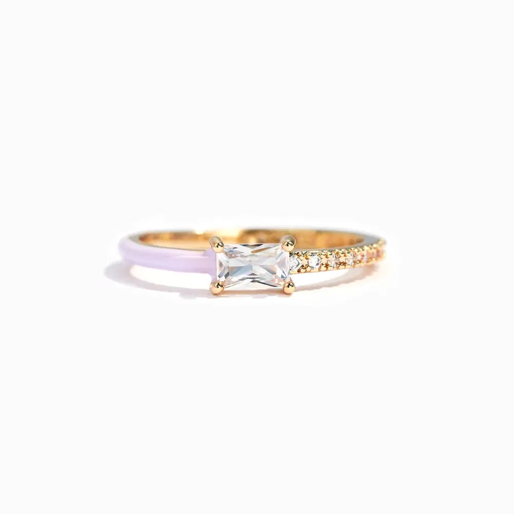 S925 Sterling Silver Heart Rectangular Zircon Cut Half Enamel Ring - Grocery