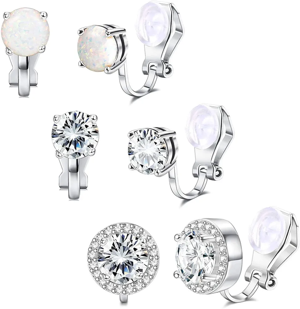 3 Pairs Clip on Earrings Set for Women Cubic Zirconia Halo Round Non Pierced Clip Earring Jewelry - Grocery