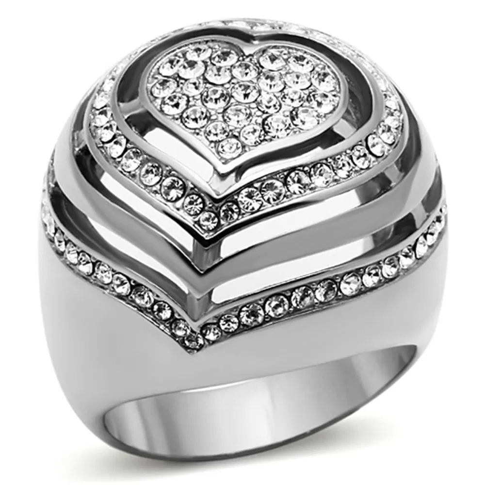 TK1141 - High polished (no plating) Stainless Steel Ring with Top Grade Crystal in Clear - Grocery