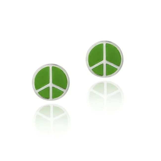 Sterling Silver Green Enamel Peace Sign Symbol Earrings - Grocery