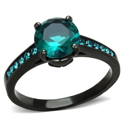 TK2014 - IP Black(Ion Plating) Stainless Steel Ring with Synthetic Synthetic Glass in Blue Zircon - Grocery