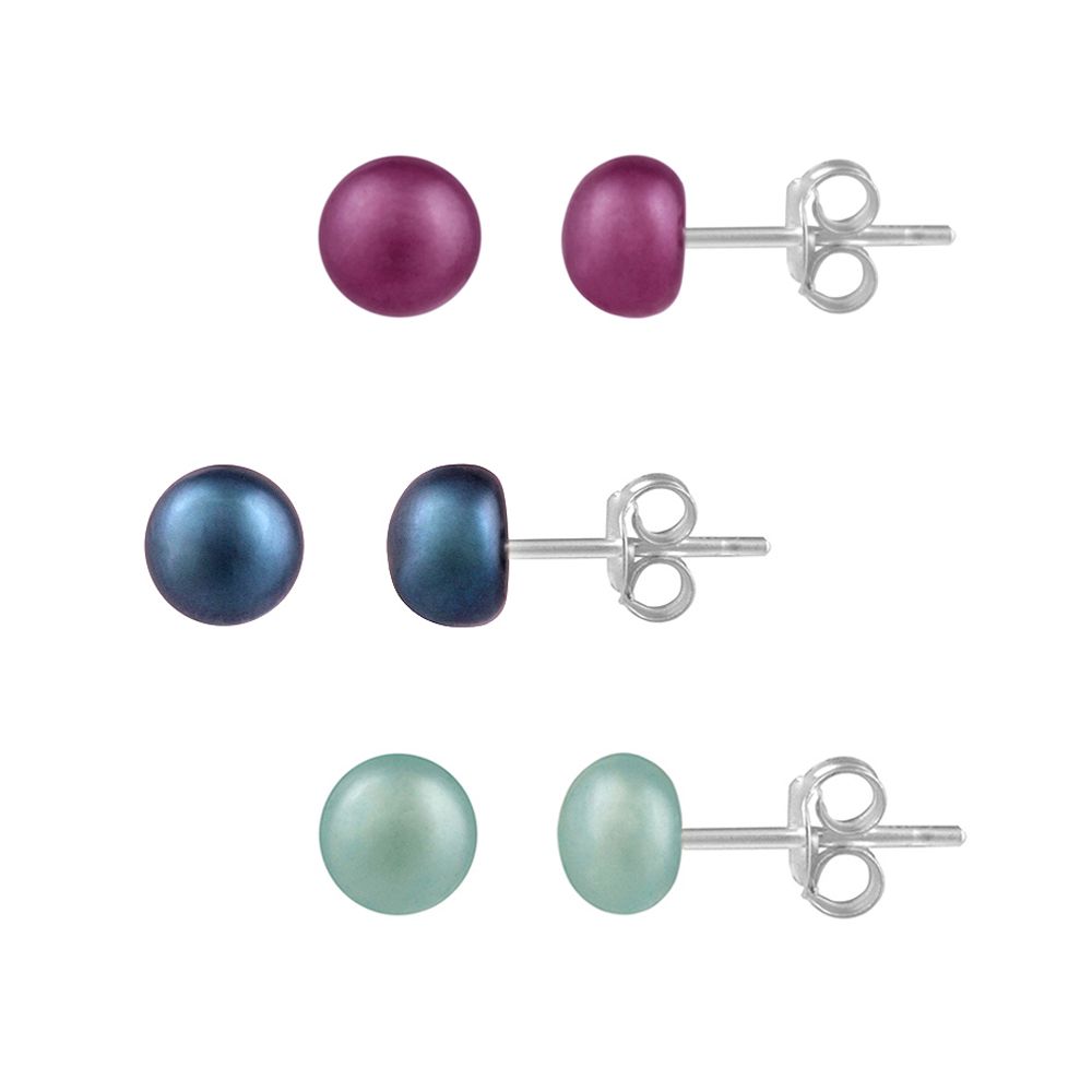 Sterling Silver 5-5.5mm Fuchsia, Teal, Night Blue Freshwater Cultured Pearl Stud Earrings, Set of 3 - Grocery