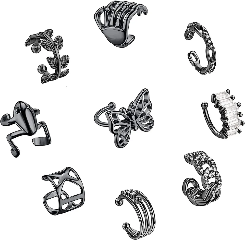 9 Pcs Vintage Cuff Earrings Set for Women No Piercing Cubic Zirconia Sparkling Cartilage Ear Cuffs Frog Butterfly Clip on Wrap Cuff Earrings - Grocery
