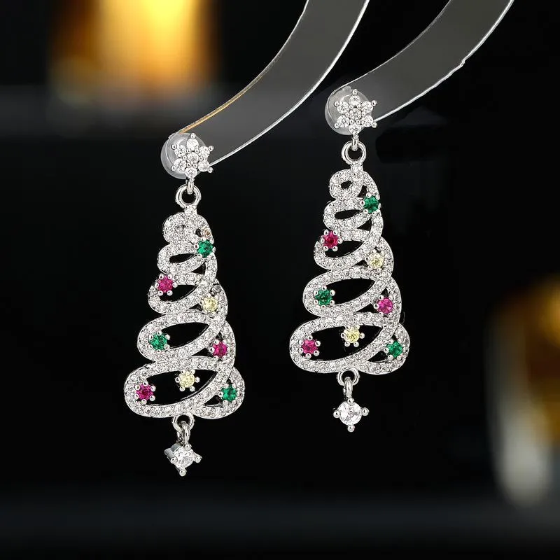 S925 Silvery Needle Holiday Atmosphere Earrings, Niche Design Zircon Snowflake Colorful Christmas Tree Earrings - Grocery