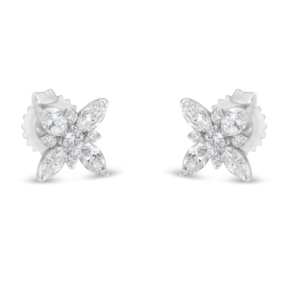 14K White Gold Marquise Diamond Flower Stud Earring (1.00 cttw, H-I Color, SI1-SI2 Clarity) - Grocery