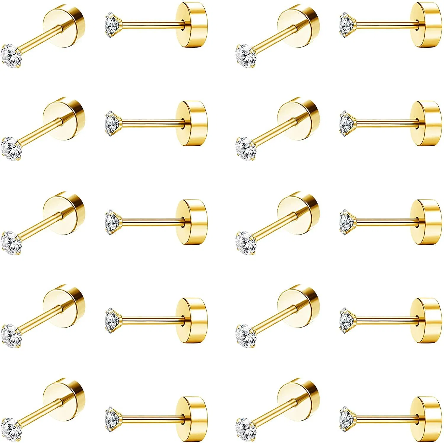 10Pairs 18G Stainless CZ Stud Earrings for Women Men Cartilage Helix Piercing Earring Round Cubic Zirconia Screw Flat Back Stud Ear Set - Grocery