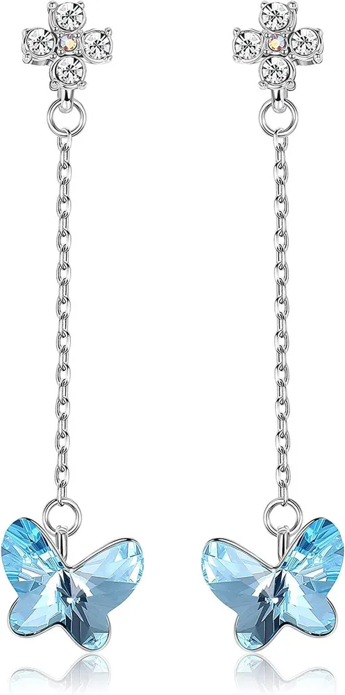 Blue Butterfly Dangle Earrings with Swarovski Crystals for Women Hypoallergenic Cute Drop Earrings Birthday Gift - Grocery