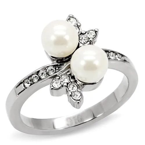 TK116 - High polished (no plating) Stainless Steel Ring with Synthetic Pearl in White - Grocery