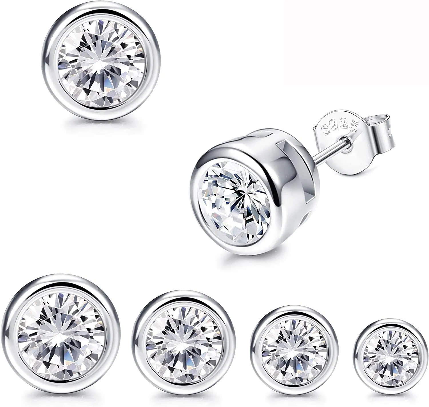 4 Pairs 925 Sterling Silver Stud Earrings for Women Mens Round Cut CZ Earrings Set for Sensitive Ears - Grocery