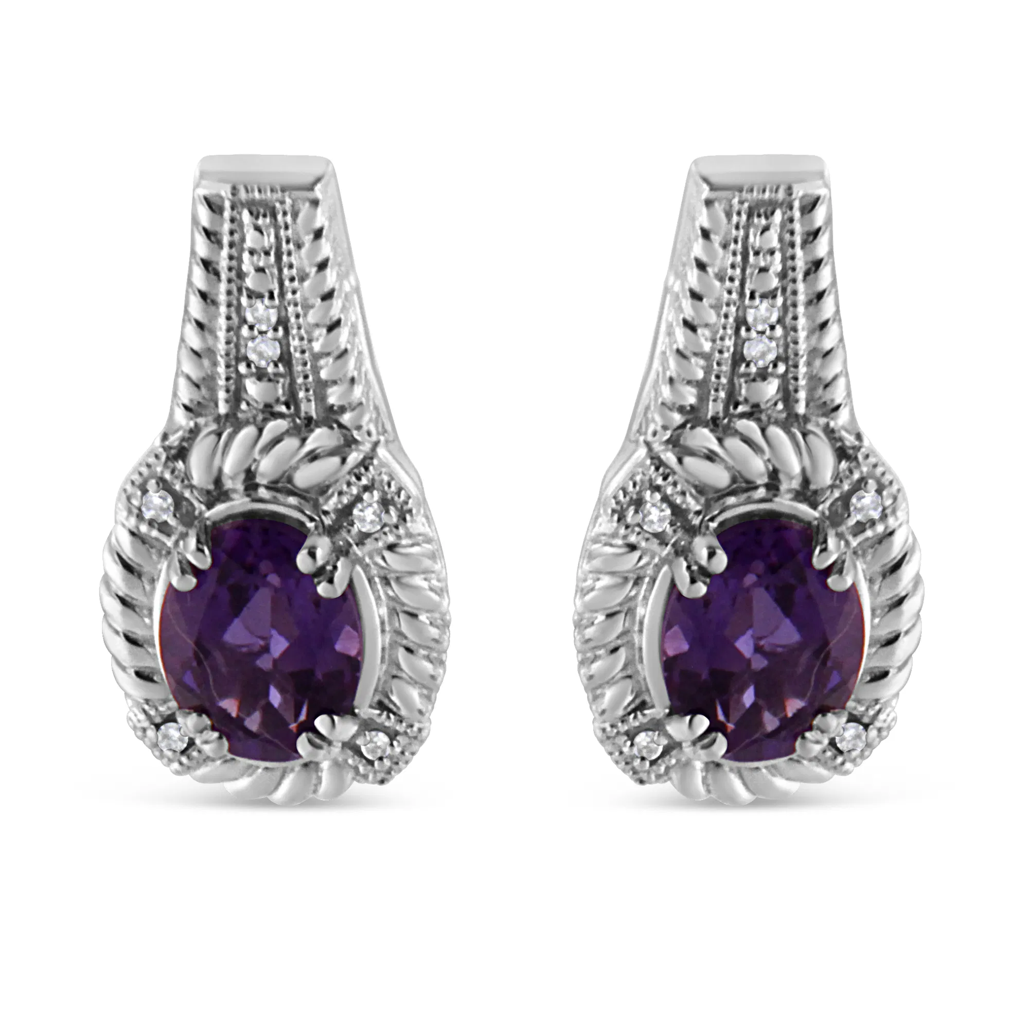 .925 Sterling Silver 8x6 MM Natural Oval Purple Amethyst Gemstone and Diamond Accent Art Deco Style Drop and Dangle Earrings (I-J Color, I1-I2 Clarity) - Grocery