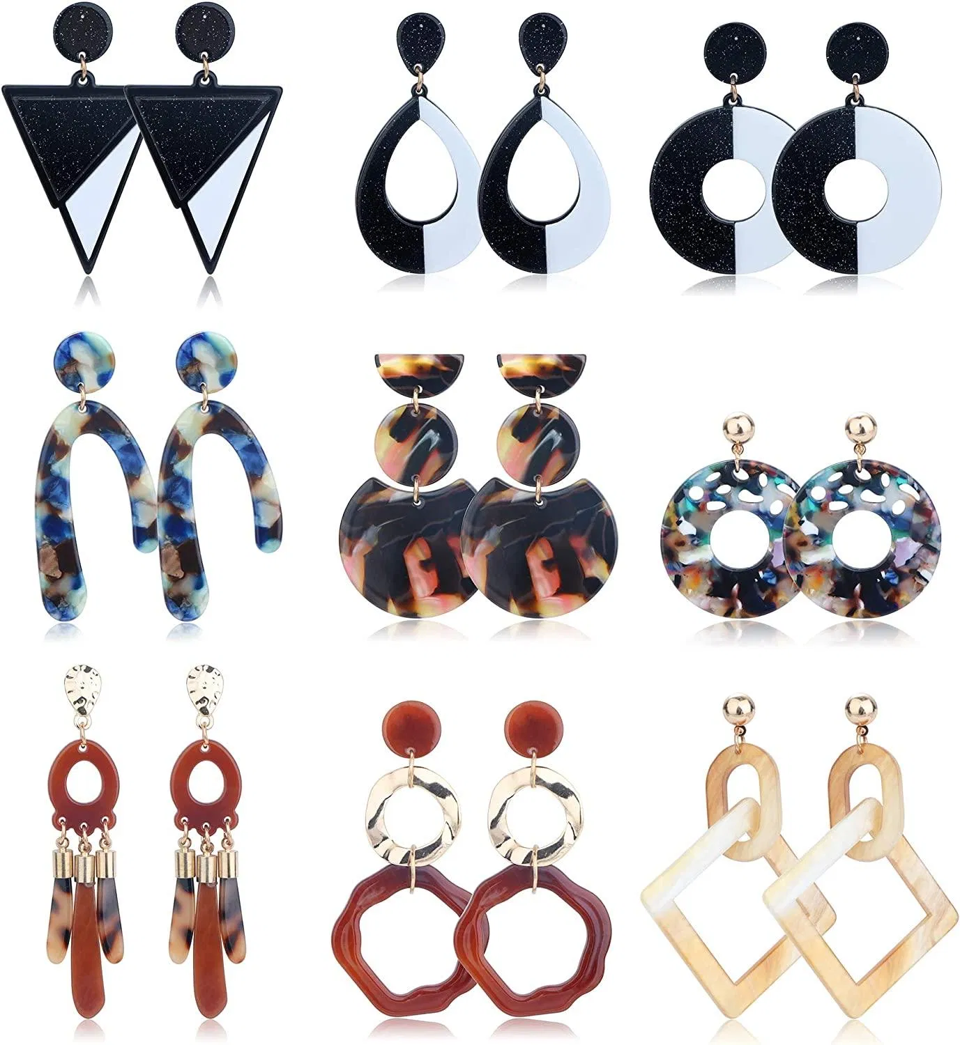 9 Pairs Mottled Acrylic Earrings for Women Fashion Splicing Color Earrings - Grocery