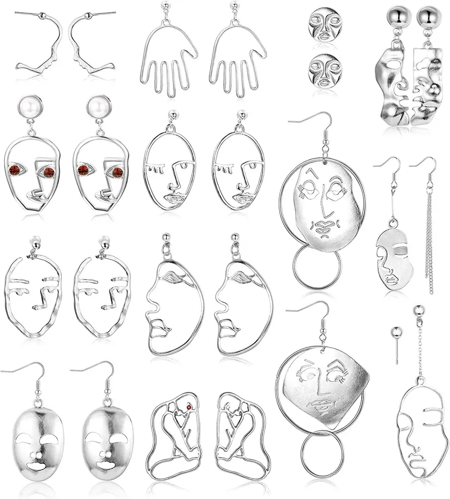 13Pairs Platinum/ Gold Plated Face Statement Earrings for Women Hollow Face Hand Shaped Drop Dangle Earrings Set Punk Style Fashion Abstract Art Jewelry - Grocery
