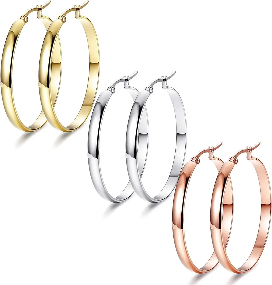 3 Pairs Clip On Hoop Earrings for Women Large Looped Earings Set 3 Colors in /Ear Rings Elegant Personalized Gift 30mm; 40mm; 50mm; 60mm Ear Hoops - Grocery