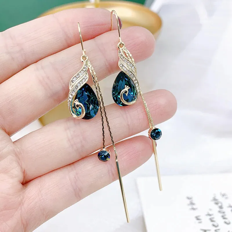 Elegant Retro Peacock Crystal Earrings Tassel Long Bridal Earrings Jewelry Gift - Grocery