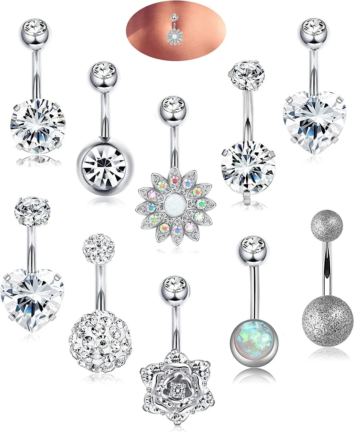 10Pcs 14G Belly Button Rings for Women; 316L Surgical Steel Clear CZ Navel Rings Belly Rings Barbell Belly Piercing Jewelry - Grocery