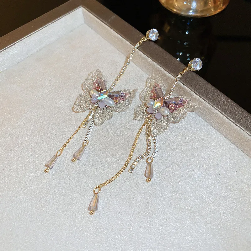 1pc Pearl Butterfly Earrings, Silver Needle Asymmetrical Zircon, Lace Inlaid Diamond Tassel Stud Super Fairy Ear Jewelry - Grocery
