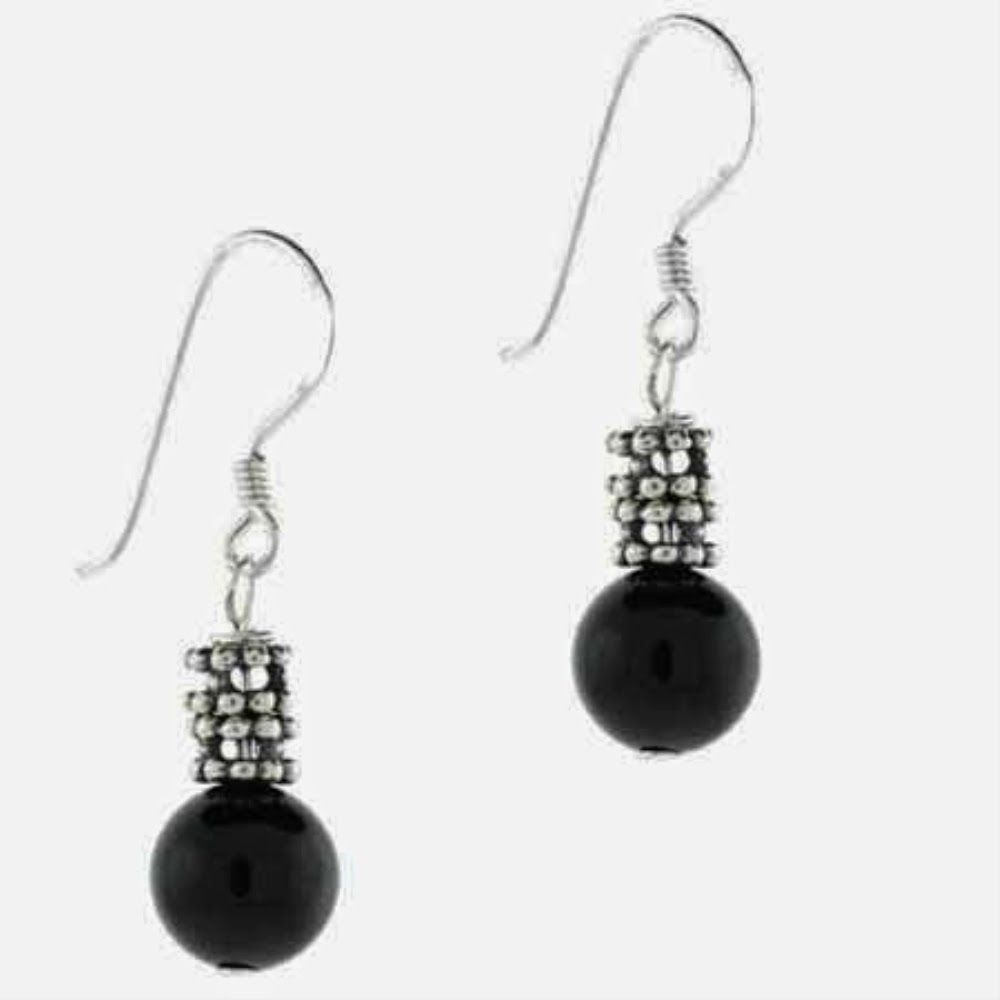 Silver Cabochon Black Genuine Onyx Bead Earrings - Grocery