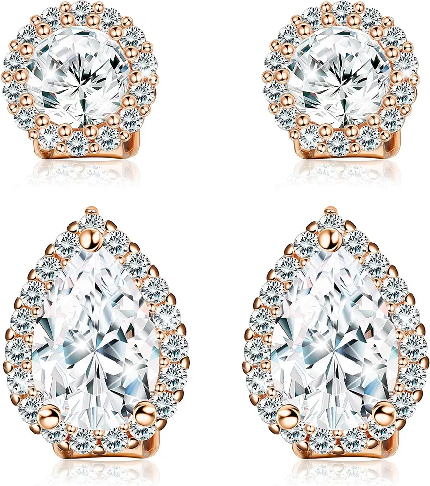 2Pairs Bridal Stud Earrings/Non-Piercing Earrings for Women CZ Bridesmaid Stud Earrings CZ Clip On Earrings Teardrop Stud Earrings for Wedding - Grocery