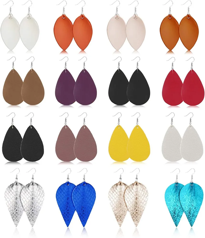 16 Pair Faux Leather Earrings for Women Lightweight Teardrop Petal Leaf Leather Dangle Earrings - Grocery