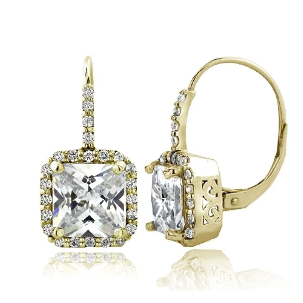 Gold Tone 6.5ct CZ Square Halo Leverback Earrings - Grocery