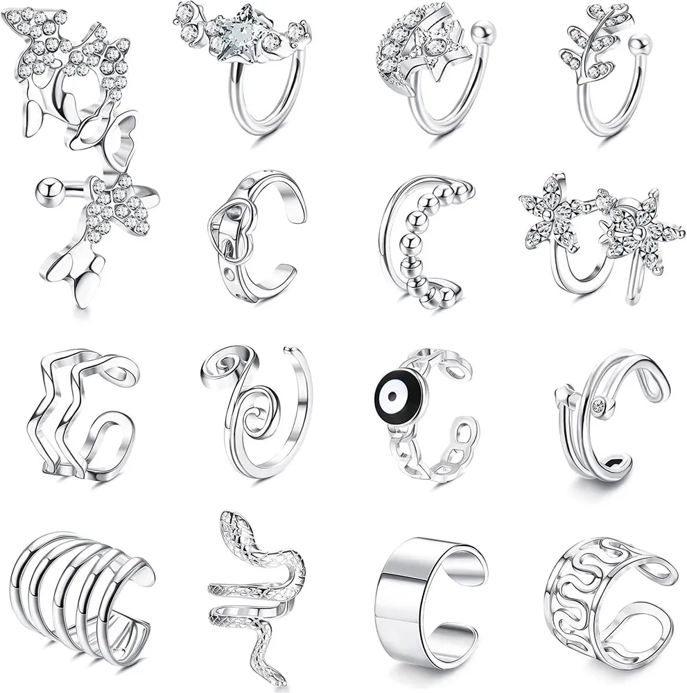 15Pcs Ear Cuffs Earrings Set for Women CZ Zirconia Non-Piercing Helix Cartilage Cuff Earrings Adjustable Wrap Earring Set Conch Cuffs Earrings for Women - Grocery