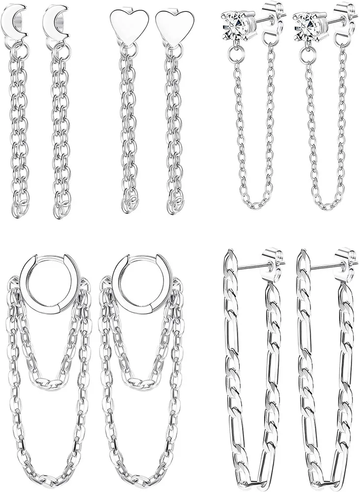 5 pairs Chain Earrings for Women Chain Wrap Cuff Bar Stud Dangle Chain Hoop Stud Earrings heart chain earrings Gift - Grocery