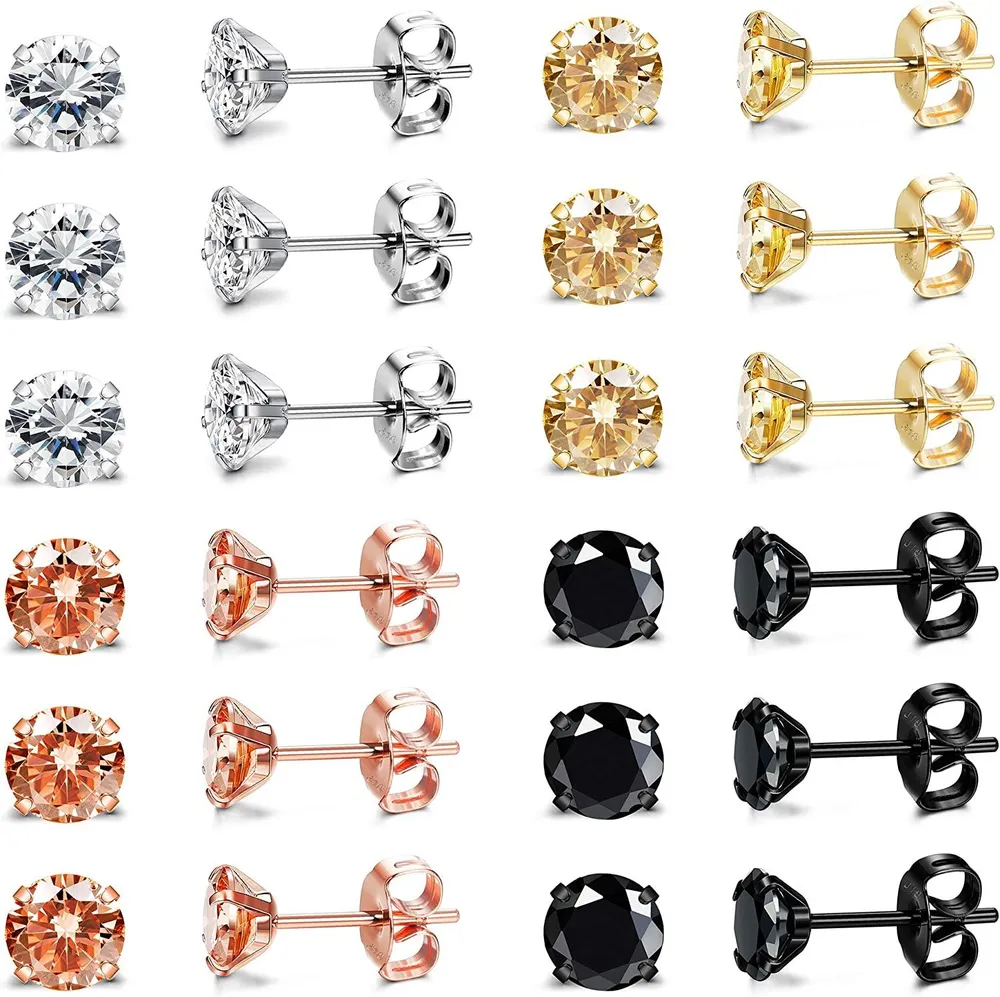12Pairs Surgical Round Cubic Zirconia Stud Earrings Set for Men Women Tiny Cartilage Lobe Piercing Earrings 2-5mm - Grocery