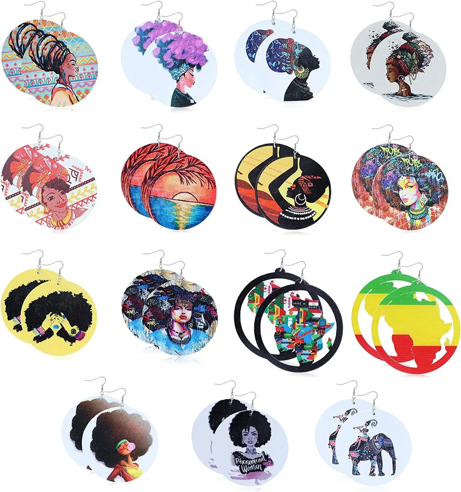 15 Pairs African Wooden Earrings for Women Round Map Painted Dangle Earrings Statement Earrings Ethnic Style Earrings - Grocery