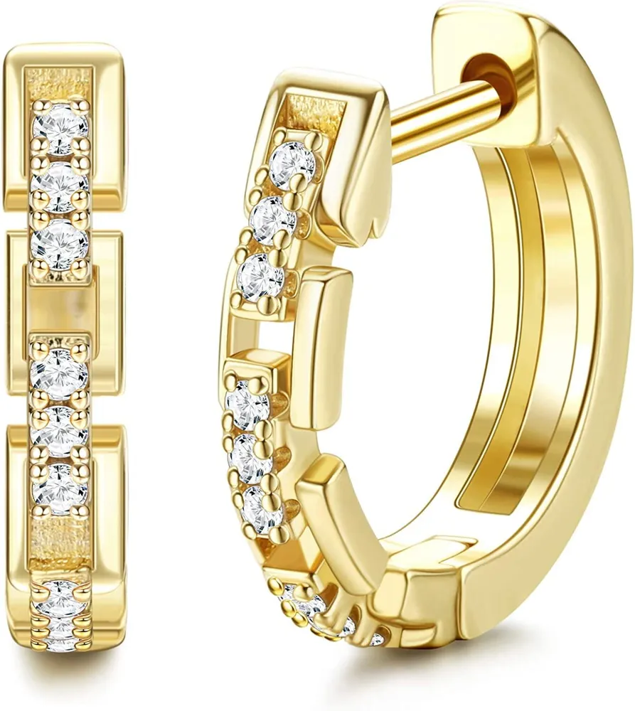 14K Gold Plated Huggie Hoop Earrings for Women 8MM Cubic Zirconia Cuff Hoop Earrings Small Ear Piercing - Grocery