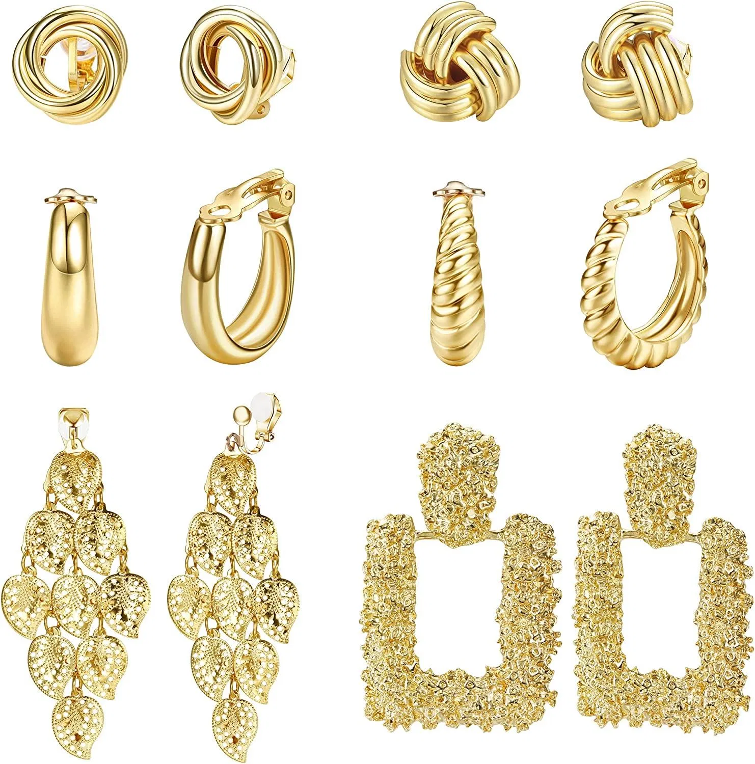 6 Pairs Clip On Earrings for Women Knot Earrings Stud Geometric Chunky Metal Earring Hoops Non Piercing Square Leaf Dangle Earrings Set - Grocery