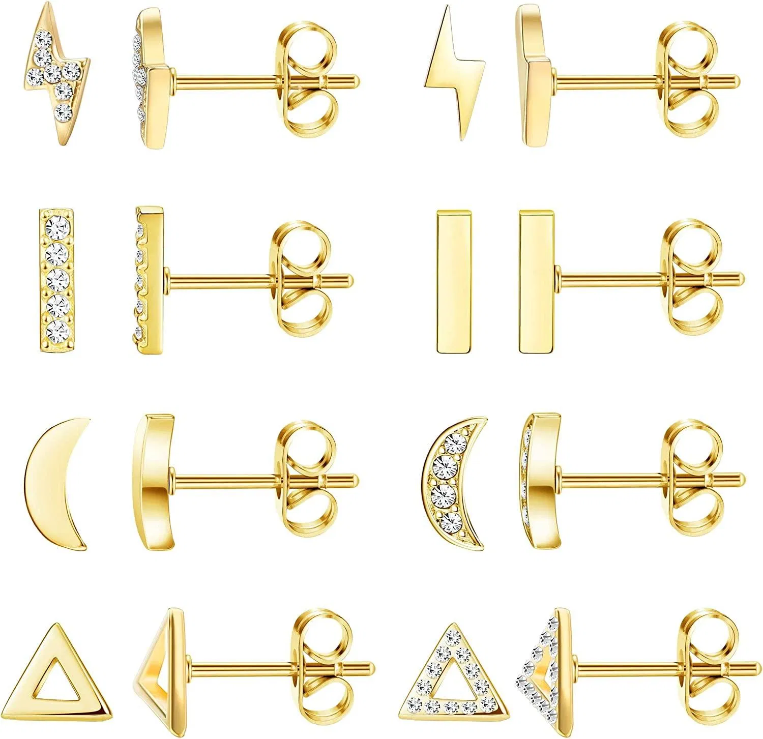 8 Pairs CZ Stud Earrings Simulated Diamond Lightening Triangular Bar and Moon Shaped Earrings Set - Grocery