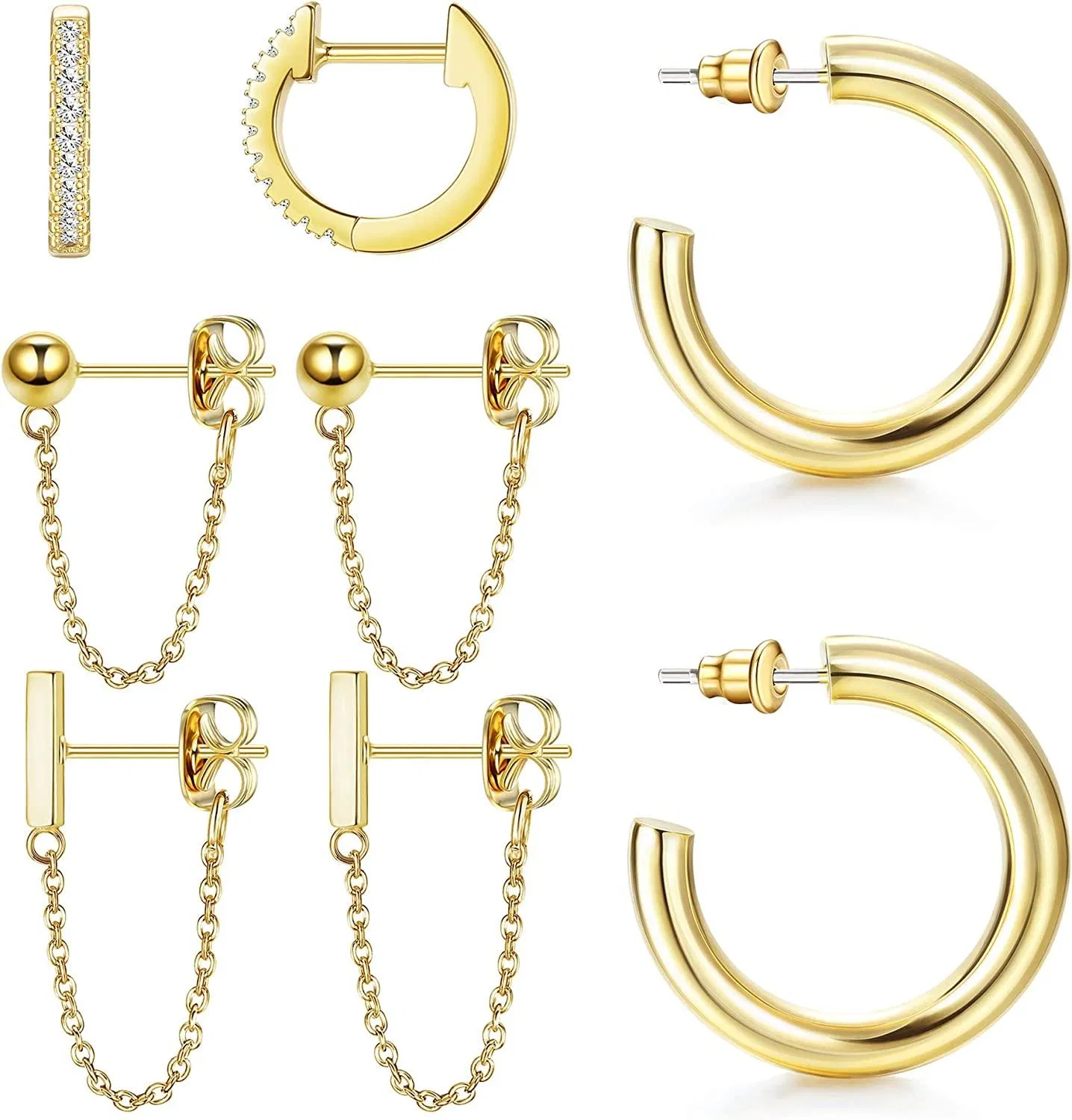 4 Pairs Chunky Open Hoop Earrings for Women Huggie Studs Chain Earrings Jewelry Set - Grocery