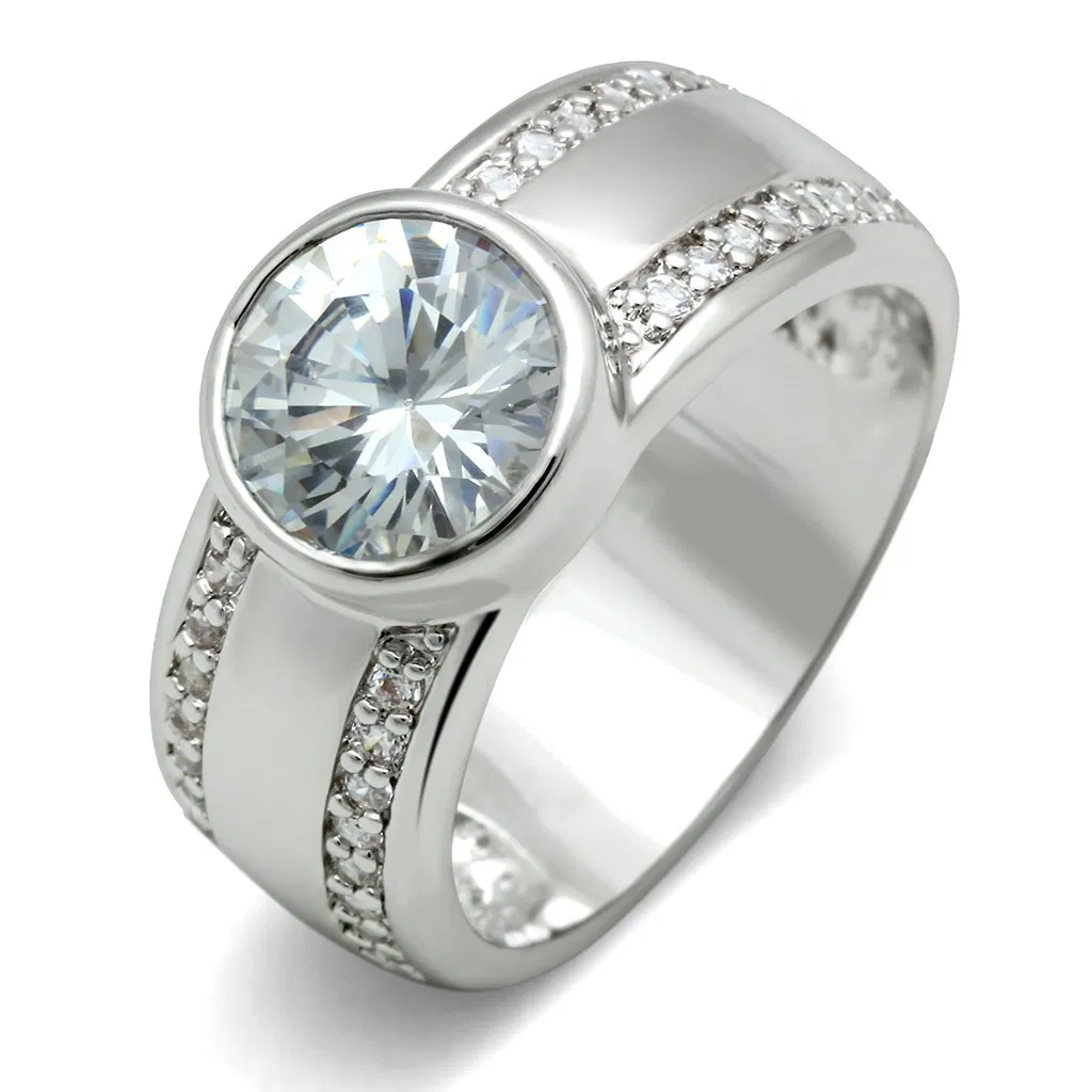 3W147 - Rhodium Brass Ring with AAA Grade CZ in Clear - Grocery