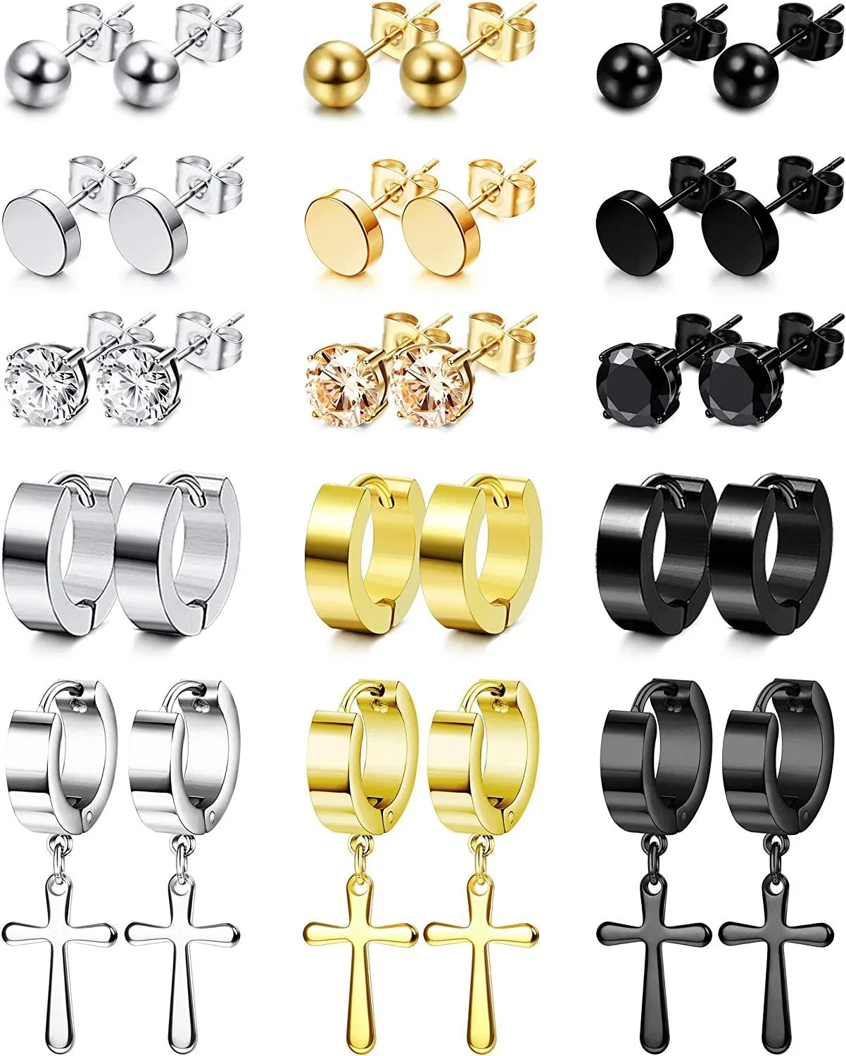15 Pairs Stainless Stud Earrings Round Ball CZ Flat Stud Earrings Cross Dangle Hinged Hoop Earrings Set for Men Women - Grocery