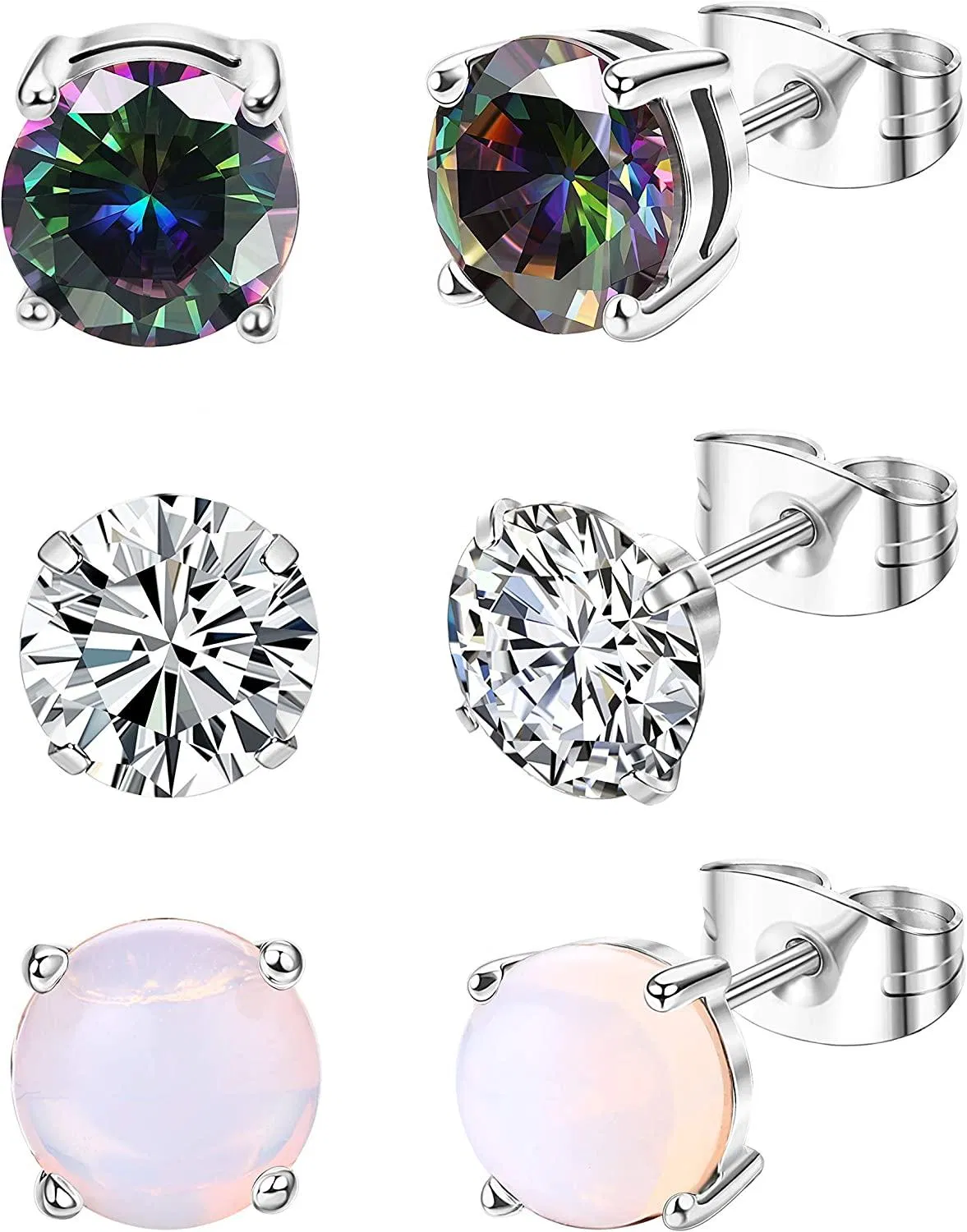 3 Pairs Stainless Stud Earring CZ Moonstone Earrings Set for Women Man Ear Piercing Earrings Cubic Zirconia Inlaid /Tone with Gift Box - Grocery