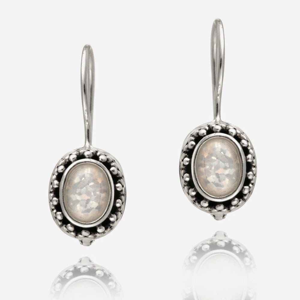 Sterling Silver Created White Opal Bali Bead Oval Leverback Earrings - Grocery