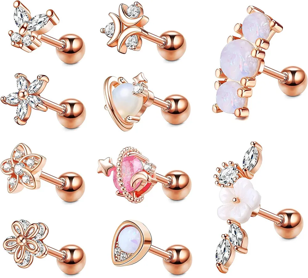 10PCS Cartilage Earrings Studs for Women 316L Stainless Opal CZ Barbell Helix Tragus Cartilage Stud Earring Ear Daith Conch Piercing Jewelry 16G - Grocery