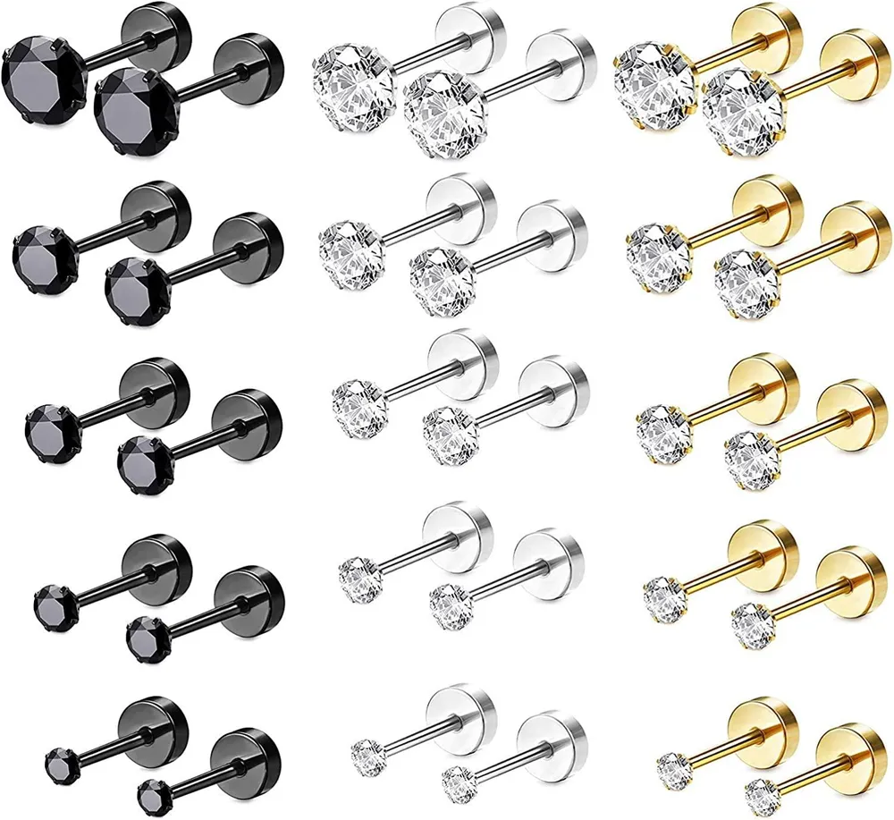15 Pairs Stainless CZ Stud Earrings Screw Flat Back Barbell Cartilage Piercing Earrings for Women Men - Grocery