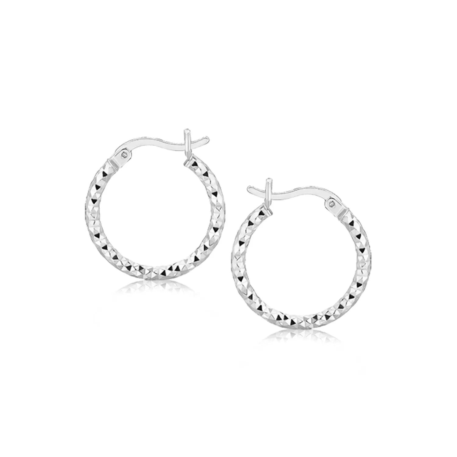Sterling Silver Faceted Design Hoop Earrings with Rhodium Plating(2x15mm) - Grocery