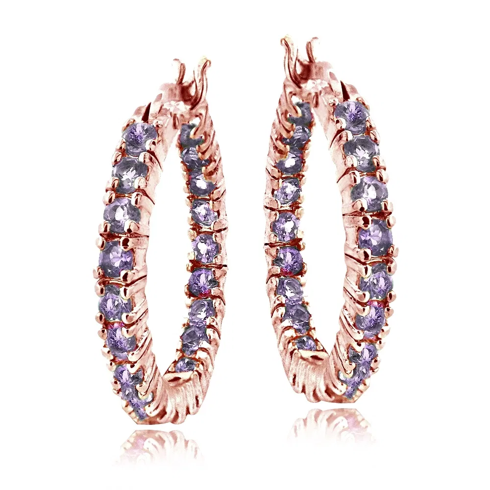 Rose Gold Tone Over Sterling Silver Amethyst Inside Out Hoop Earrings - Grocery
