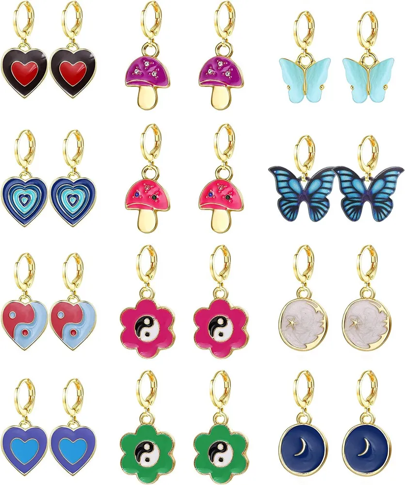 12 Pairs Y2k Earrings for Women Teen Cute Small Aesthetic Earrings Heart Butterfly Mushroom Flowers Charm Weird Dangle Hoops Y2k Jewelry - Grocery