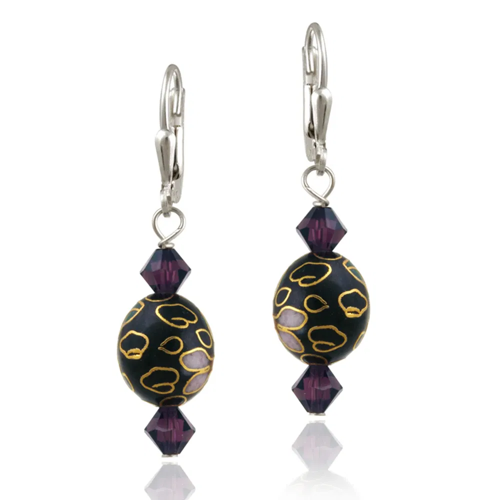 Sterling Silver Swarovski Elements & Blue Cloisonne Oval Bead Dangle Earrings - Grocery