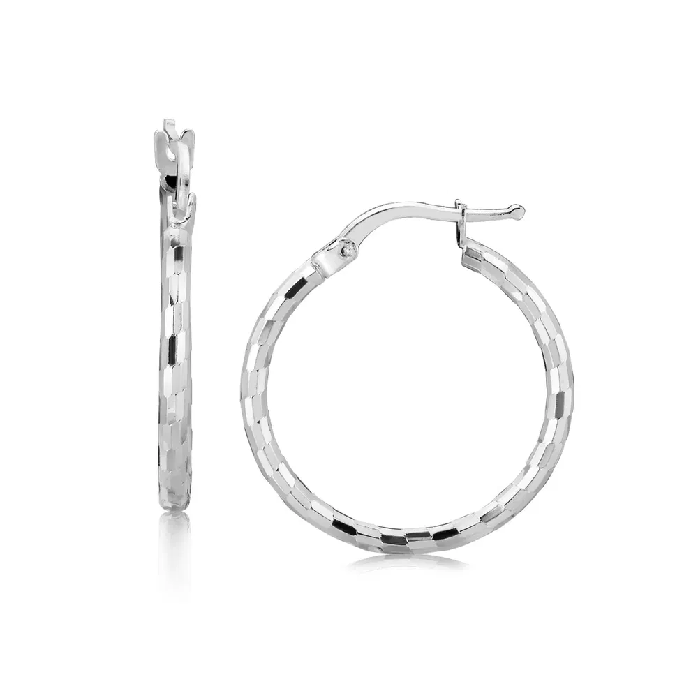 Sterling Silver Diamond Cut Hoop Earrings with Rhodium Plating (2x20mm) - Grocery
