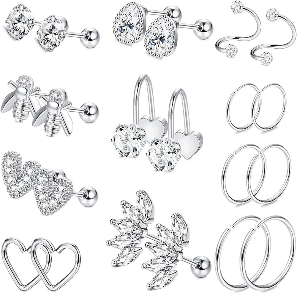 11 Pairs 18G Stainless Bee Heart Shaped Helix Cartilage Tragus Stud Earring Hoops CZ Barbell Piercing Earrings Stud Body Conch Piercing Jewelry - Grocery