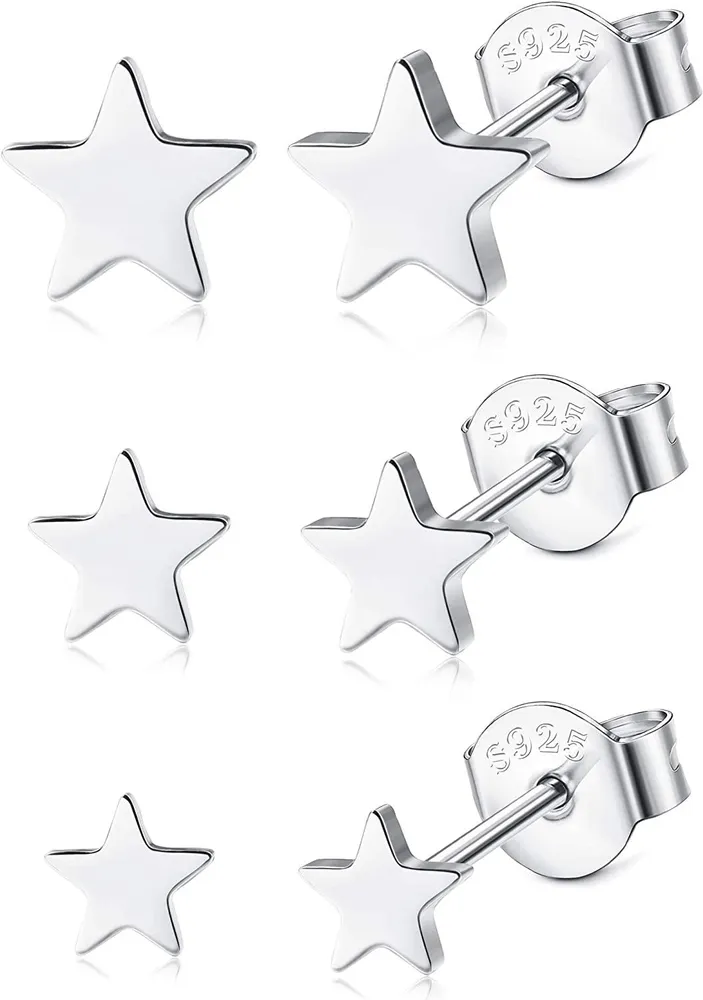 3Pairs 925 Star Earrings Sterling Silver Stud Earrings Set for Women Cartilage Piercing Stud Star Earrings Jewelry - Grocery