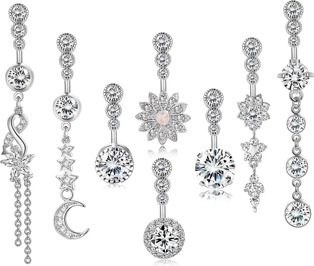 14G 316L Surgical Steel Dangle Belly Button Rings for Women Clear CZ Navel Rings Belly Rings Belly Piercing Jewelry 8Pcs - Grocery