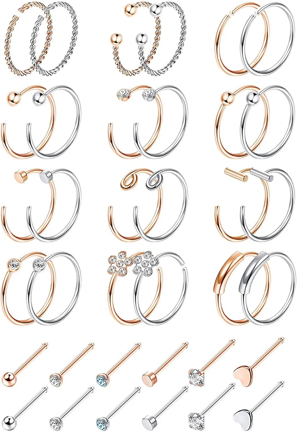 20G 36Pcs Nose Rings Hoop Stainless Steel L Bone Screw Shaped Nose Studs CZ Tragus Cartilage Nose Ring Labret Nose Piercing Jewelry for Men Women - Grocery