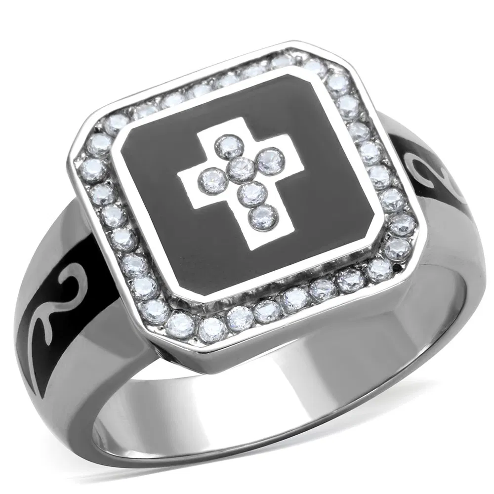 TK1766 - High polished (no plating) Stainless Steel Ring with AAA Grade CZ in Clear - Grocery