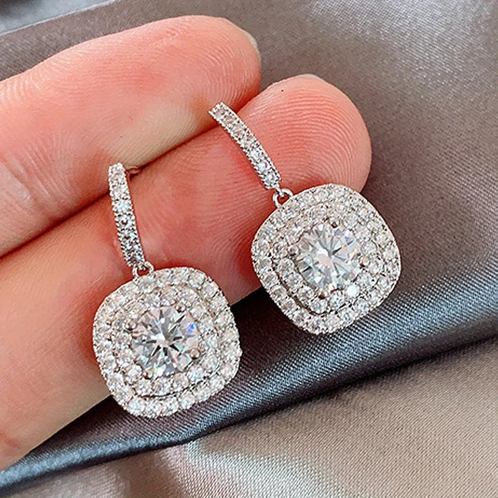 Square Full Shiny Zircon Design Dangle Earrings Retro Elegant Style Silver Plated Jewelry Wedding Banquet Accessories - Grocery